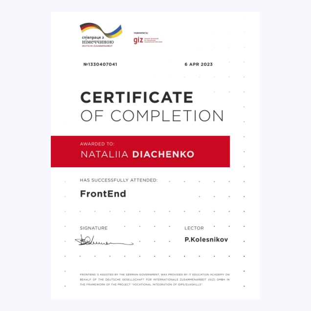 Natalia's Diachenko certificate from ITEA